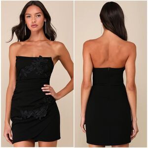 Lulus Divine Sensation Black 3D Embroidered Strapless Mini Dress Size Medium NEW